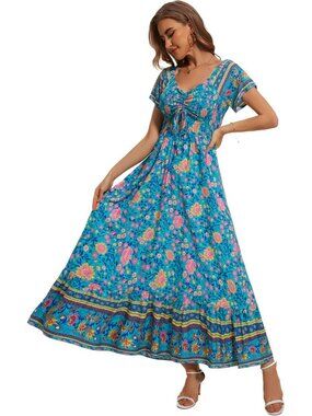 Women's Green Floral Smocked Maxi Boho Flowy Tiered A-Line Party Long Dress